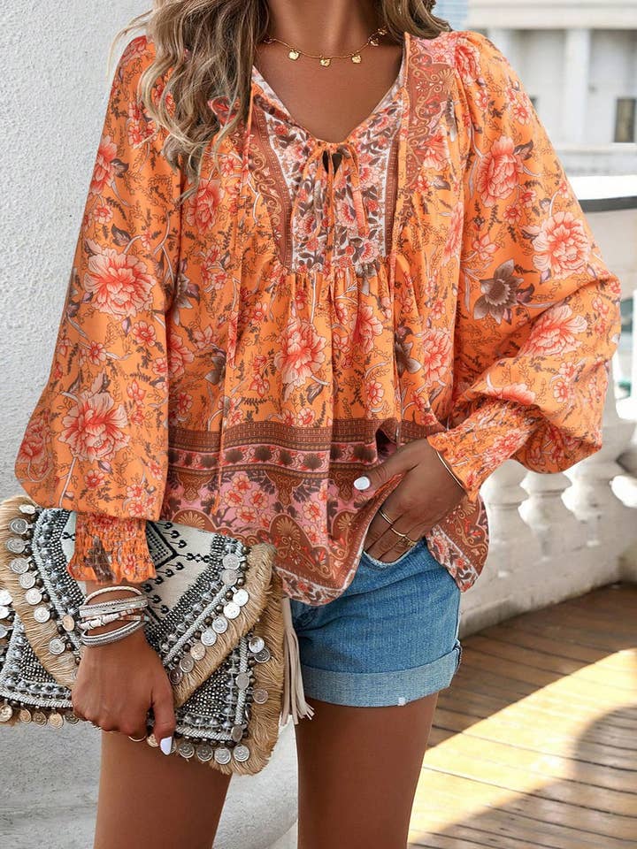 NINEXIS - Wholesale Blouse - Women's - CWTBLL3942_BOHO V-NECK TIE FRONT PRINTED LONG SLEEVE BLOUSE4