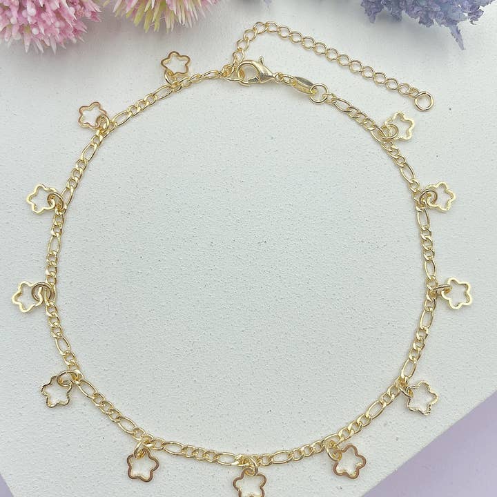 Cherie by Cherie - Wholesale Anklet - 12 Open Stars Hanging From The Figaro Chain Anklet2