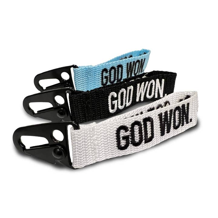 ‘God Won’ Embroidered Keychain for wholesale by Malta Apparel LLC