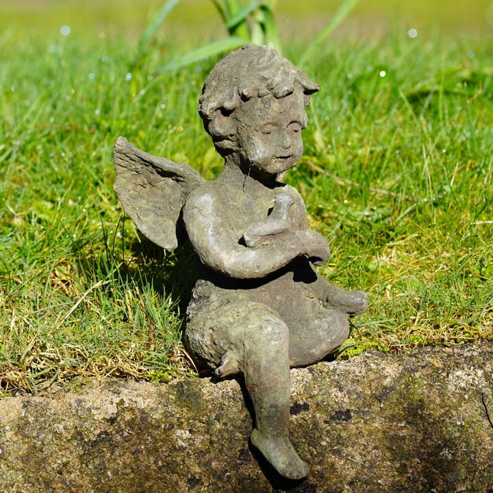 Cast Iron Sitting Cherub Antique Style Verdigris Home Garden for wholesale by Vale Ornaments