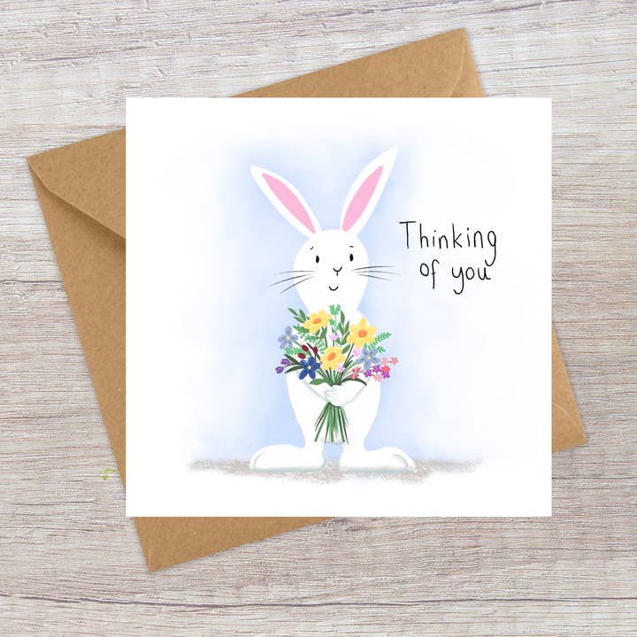 Cute bunny and flowers - Thinking of you | sympathy card for wholesale by Lucy Driver Illustration