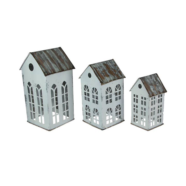 Zeckos - Wholesale Christmas Decoration - Set of 3 White Galvanized Nesting Houses With Rusty Roof2