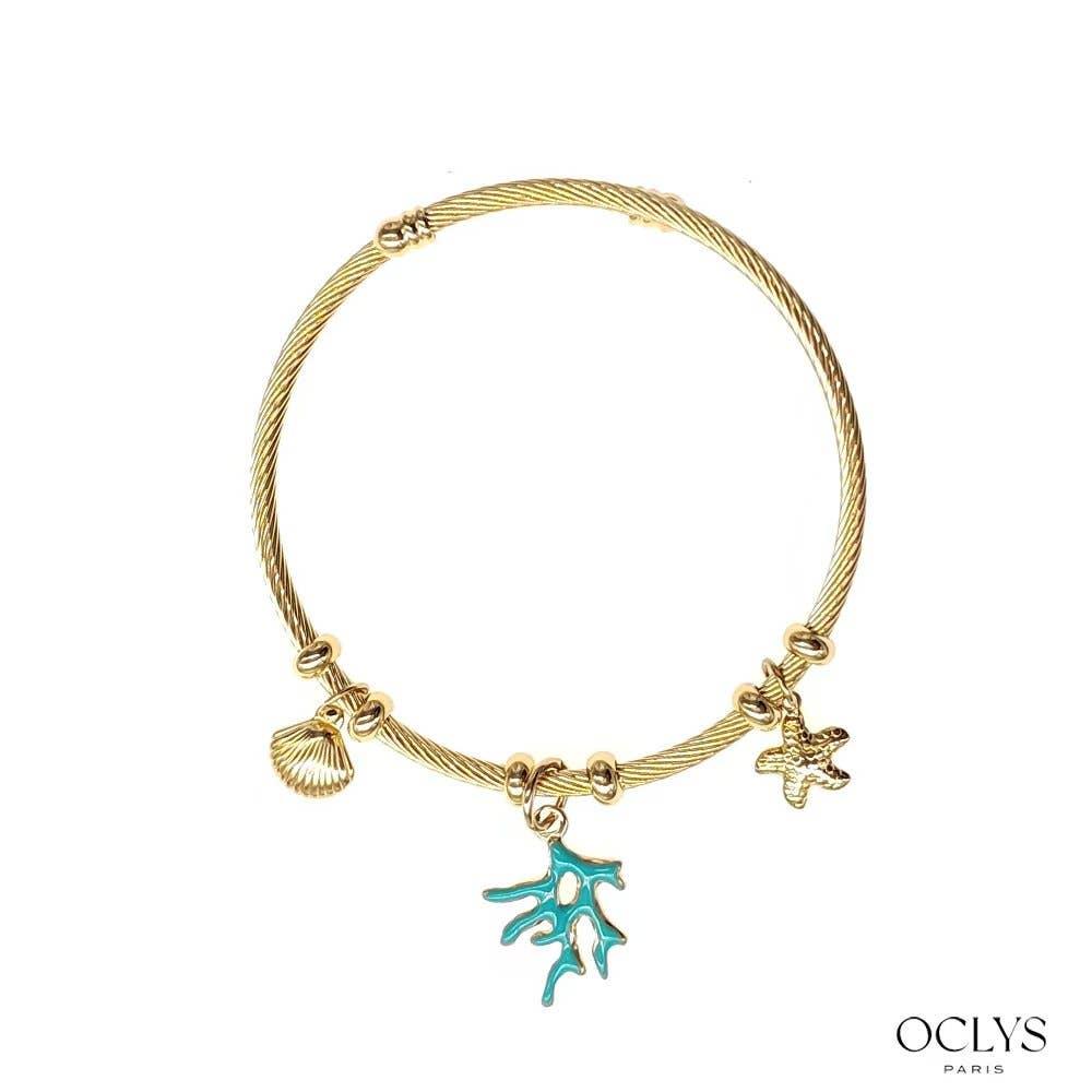 Oclys - Wholesale Charm/Dangle Bracelet - Twisted bangle bracelet with coral charms in stainless steel Livi4