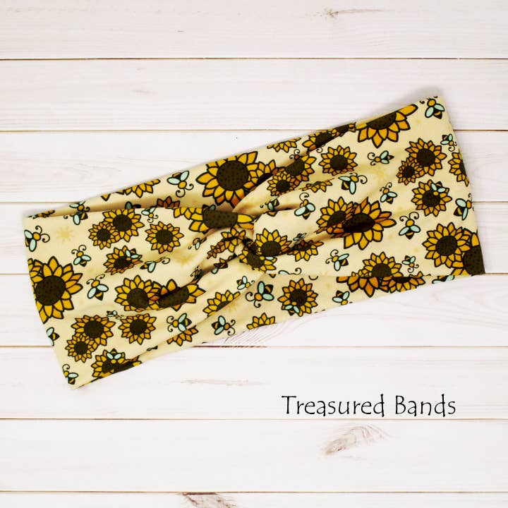 Sunflowers and Bees on Natural Print Knit Twist Headbands for wholesale by Treasured Haven
