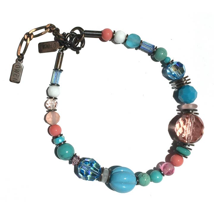PULSEIRA SPLASH 5 - PULSEIRA DE CRISTAL TURQUESA, PÊSSEGO E ROSA por atacado de Owen Glass Collection