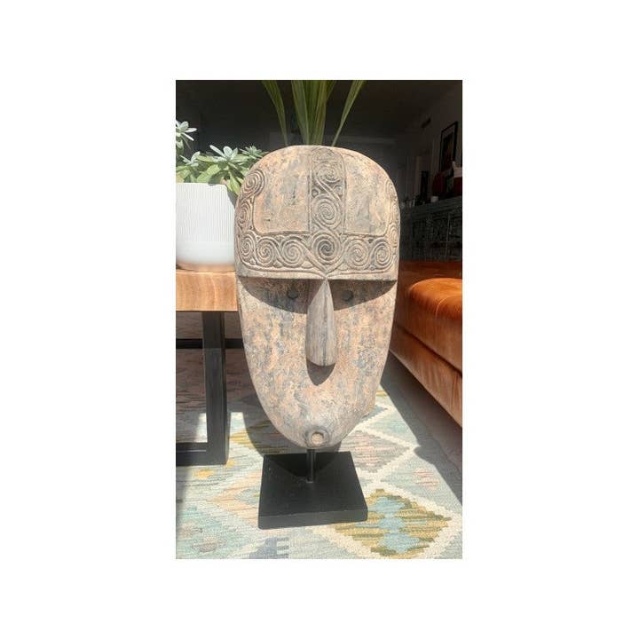 Paloma Black (Casa Natura Design, S.L.) - Wholesale Sculpture - Large Heavy & Solid Wooden Hand Carved Mask On Stand With6