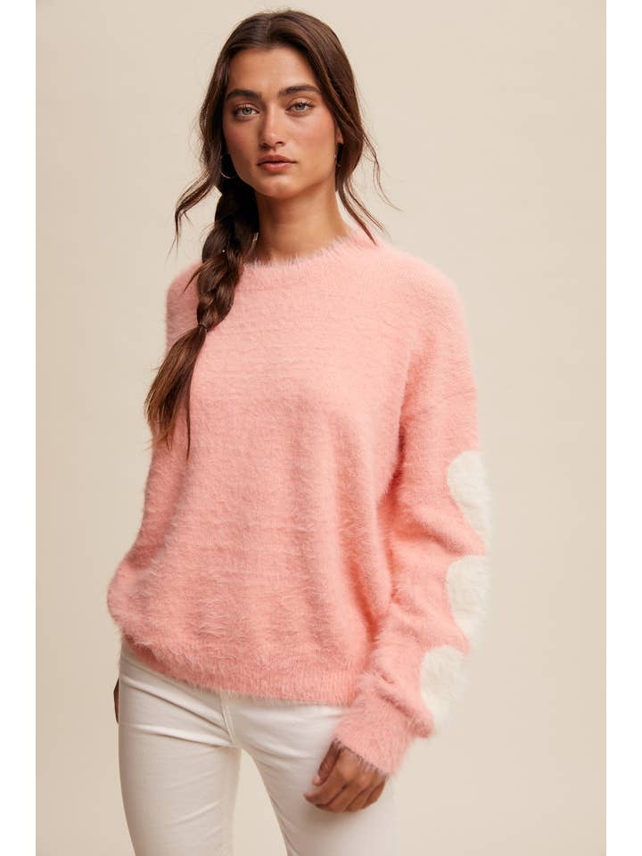 Listicle - Wholesale Knit Sweater - Women's - Fuzzy Heart-Sleeve Pullover Sweater LSW087235