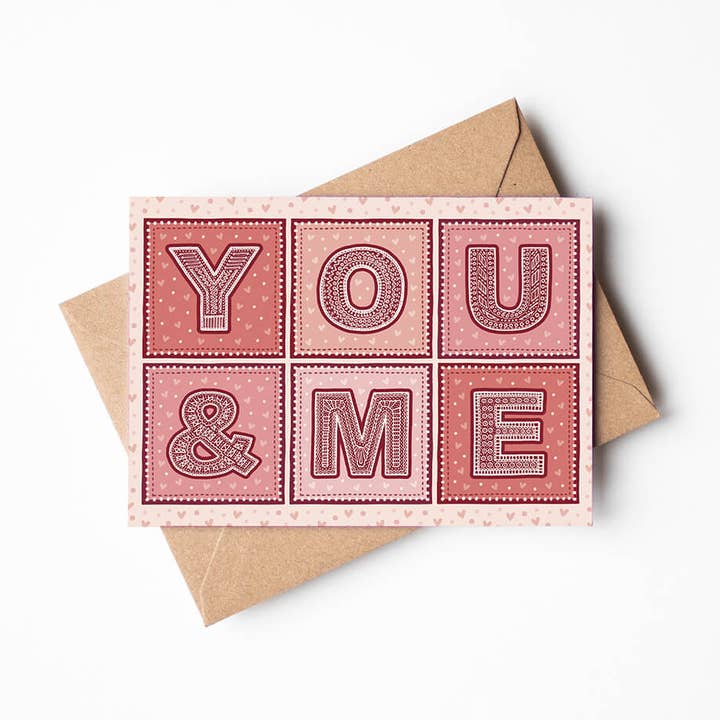 Red and Pink Typographic You & Me Anniversary Card for wholesale by Jess A Little Creative