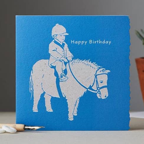 Tarjeta de felicitación de feliz cumpleaños con forma de poni en bloque de color azul para venta al por mayor de Deckled Edge Ltd