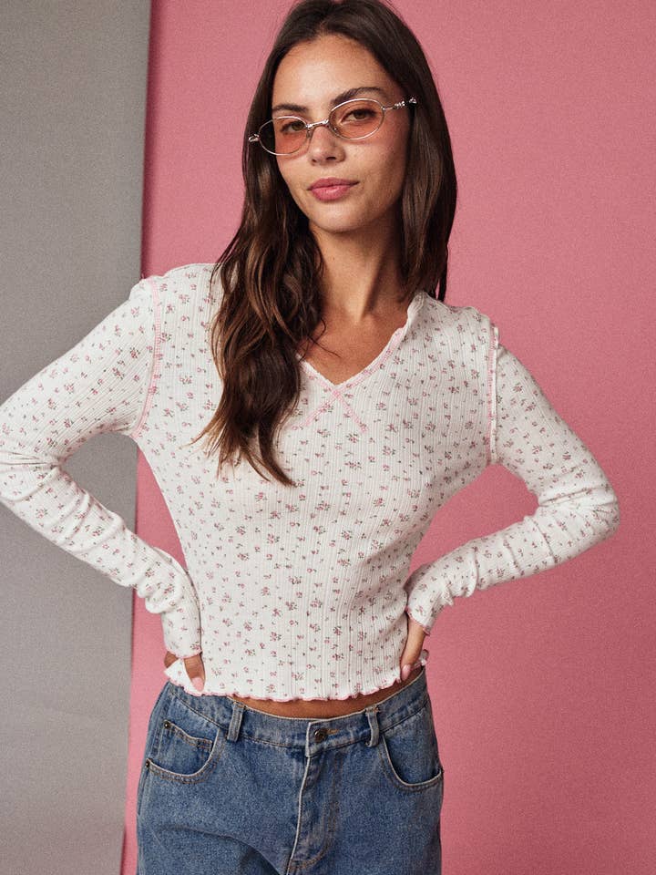 PT19030 Floral Ribbed Knit V Neck Top for wholesale by Papermoon