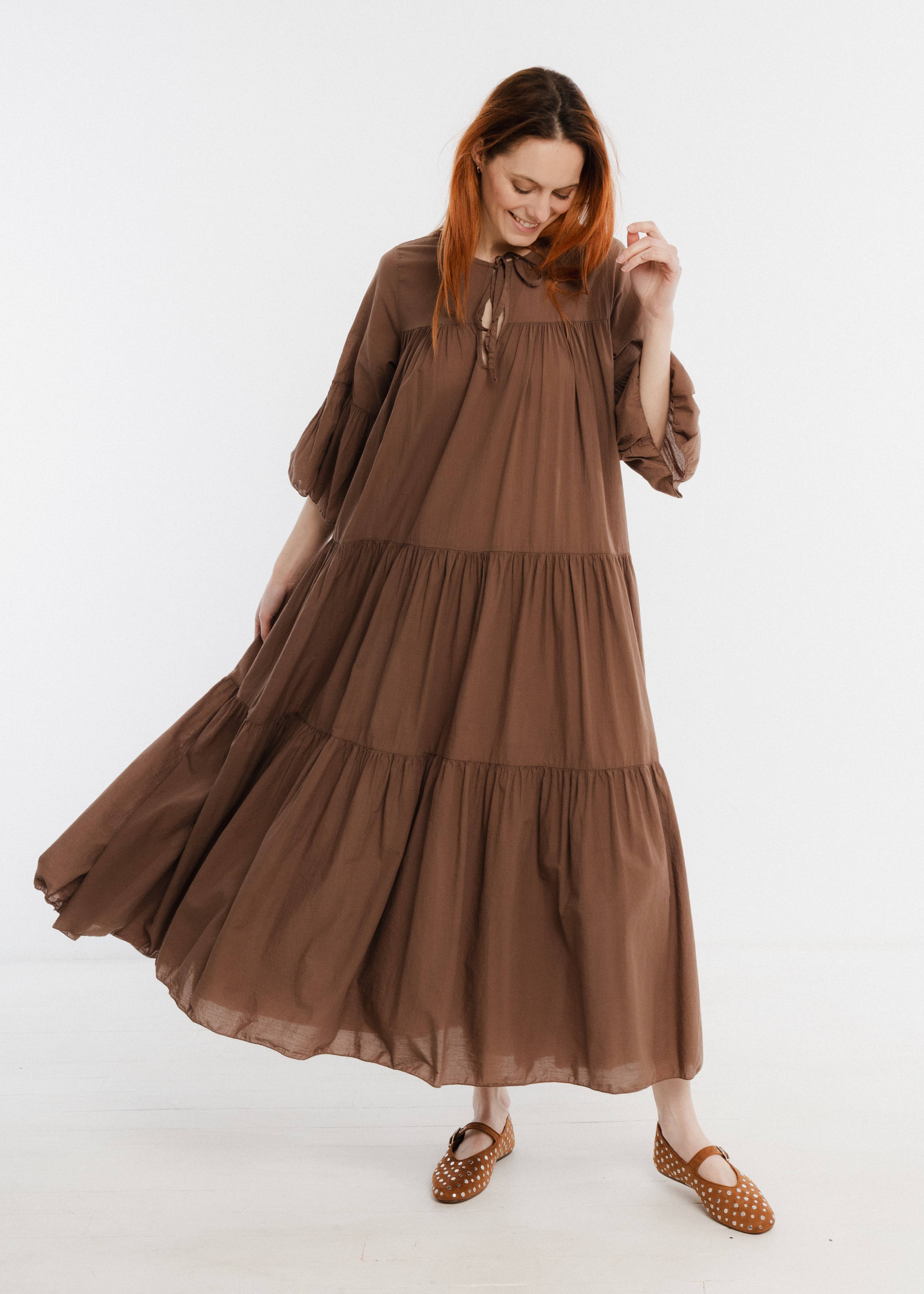 Brown Long ruffled maxi dress for wholesale on Faire2