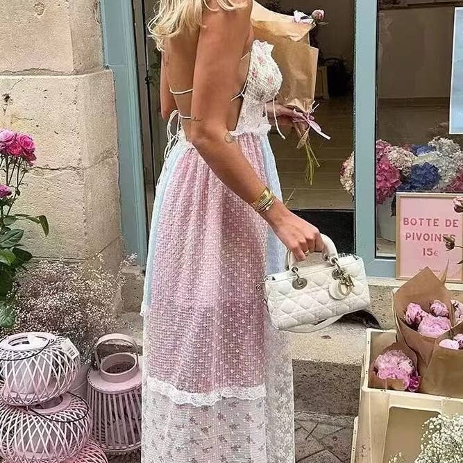 Floral sheer mesh lace patchwork halter maxi flare dress for wholesale on Faire