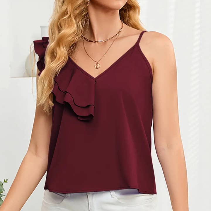 Casual solid color ruffled Spice halter top for wholesale by Lily Clothing
