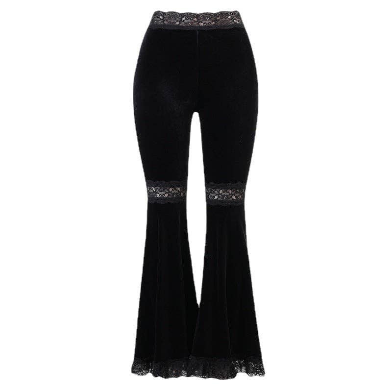 Noir Pantalon évasé en dentelle taille haute gothique pour femmes en vente sur Faire5