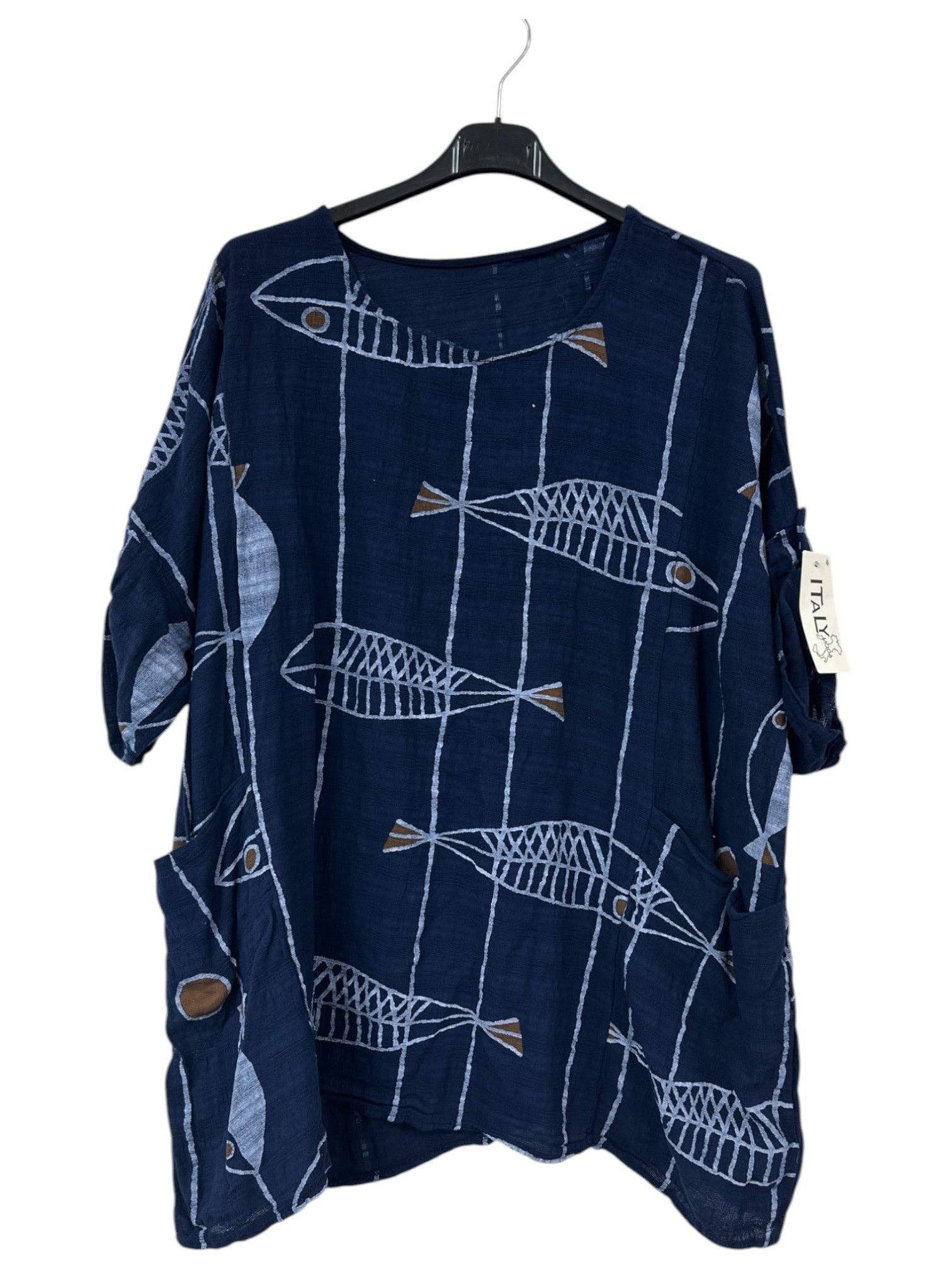 Miss Bold - Wholesale Blouse - Women's - Italian Crinkle Cotton Fish Print Top with Pockets & Turn-Up Sleeves8