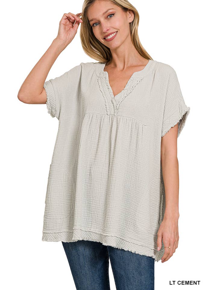 42POPS – wholesale Tunika - Dam – "Rå kant kortärmad V-ringad tröja25