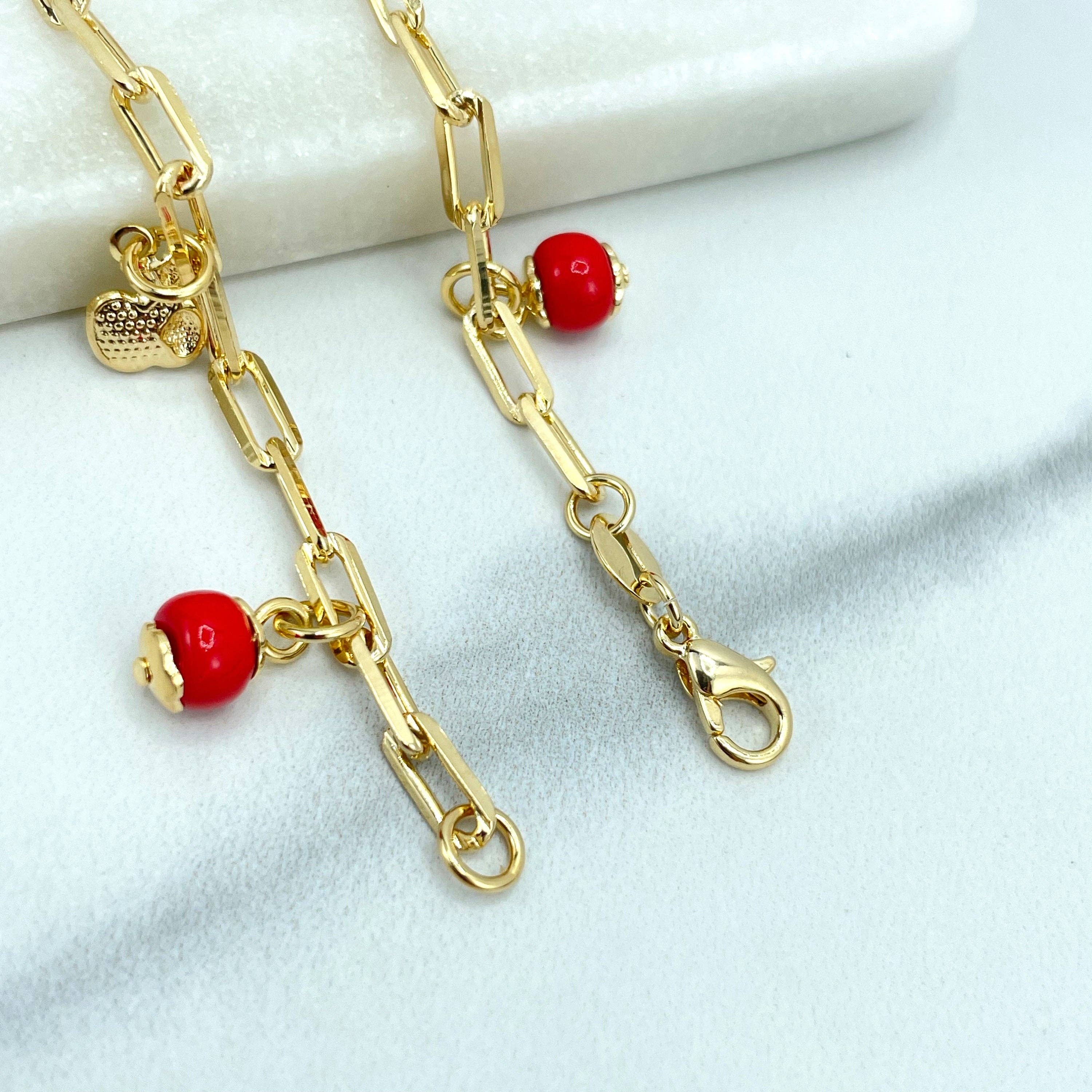 DIJU Jewelry - Wholesale Anklet - 18k Gold Filled Anklet, 3mm Paperclip Chain with Cute Dangle Gold Apples & Red Beads, Wholesale Price Jewelry2