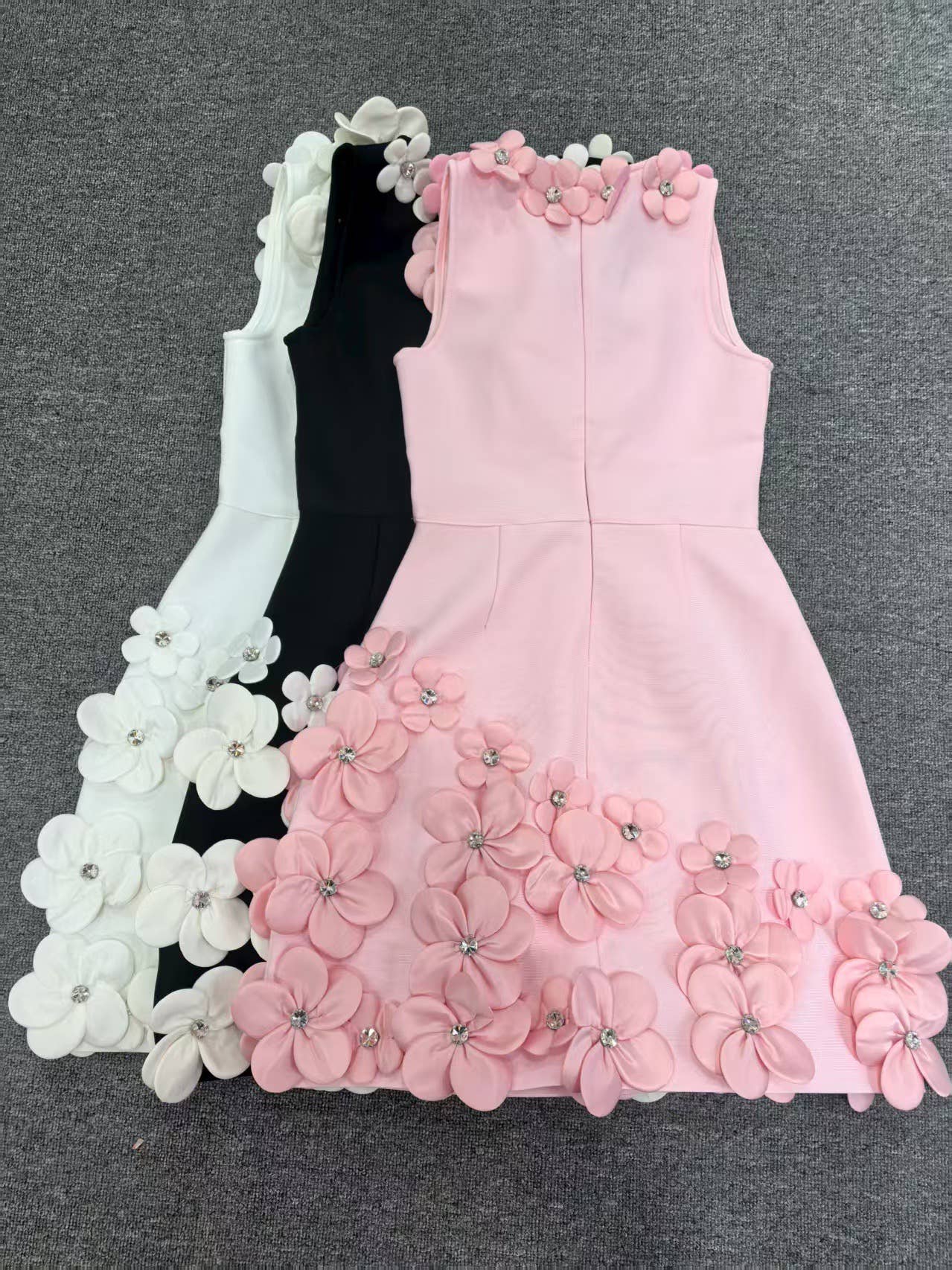 Productseeker - Wholesale Dress - Women's - DR524Y Suspender Mini Dress with Contrast 3D Floral Designs3