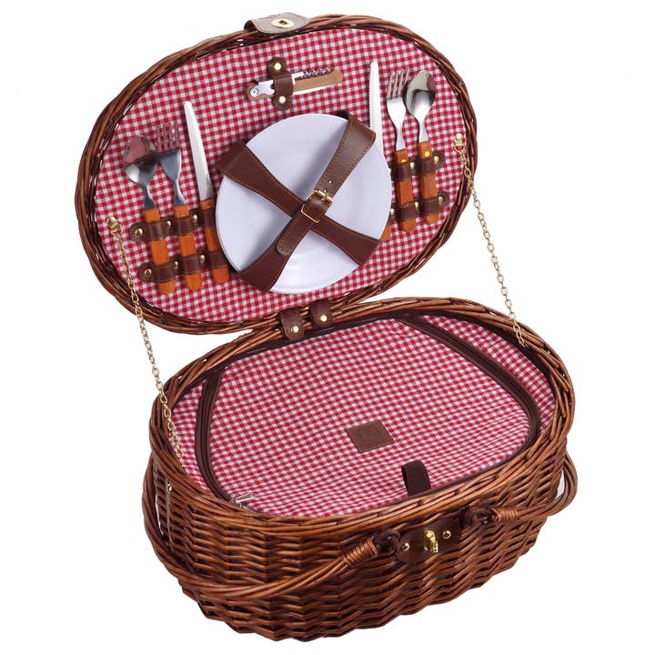 Laguiole - Venta al por mayor Cestas de pícnic - LAGUIOLE, Cesta Nevera de Picnic para 2 Personas, Mimbre, Algodón, Cerámica, Metal y PVC, Comidas Nómadas, Aire Libre, Camping, Senderismo, Marrón