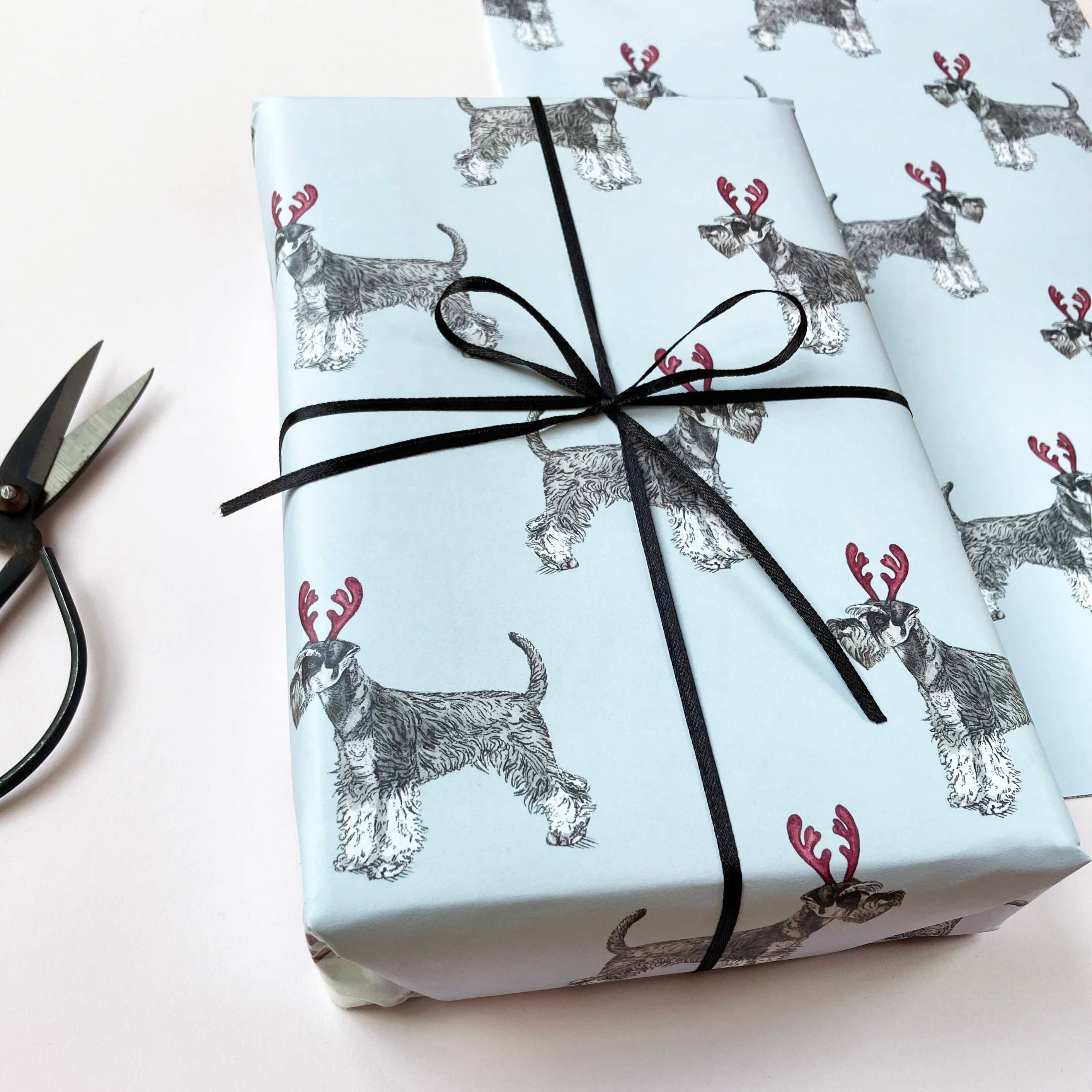 Amelia Illustration – wholesale Flat wrap – Festive Miniature Schnauzer Christmas Wrapping Paper1