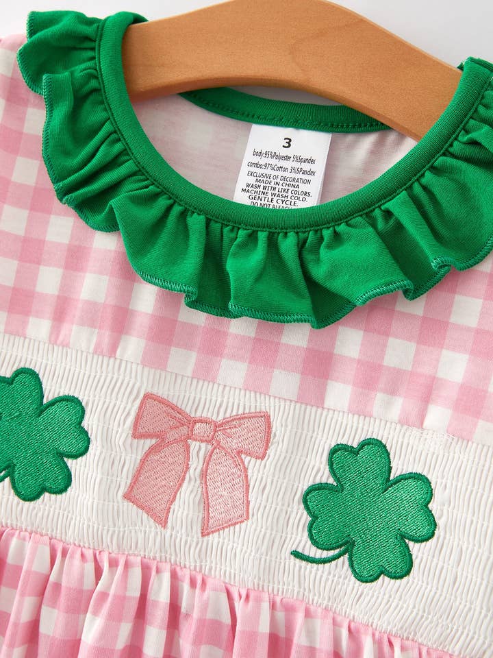 Rylee Faith Designs - Wholesale Dress - Kids - St. Patrick's Day Smocking 4-leaf Clover Plaid Bow Embroidered Dress