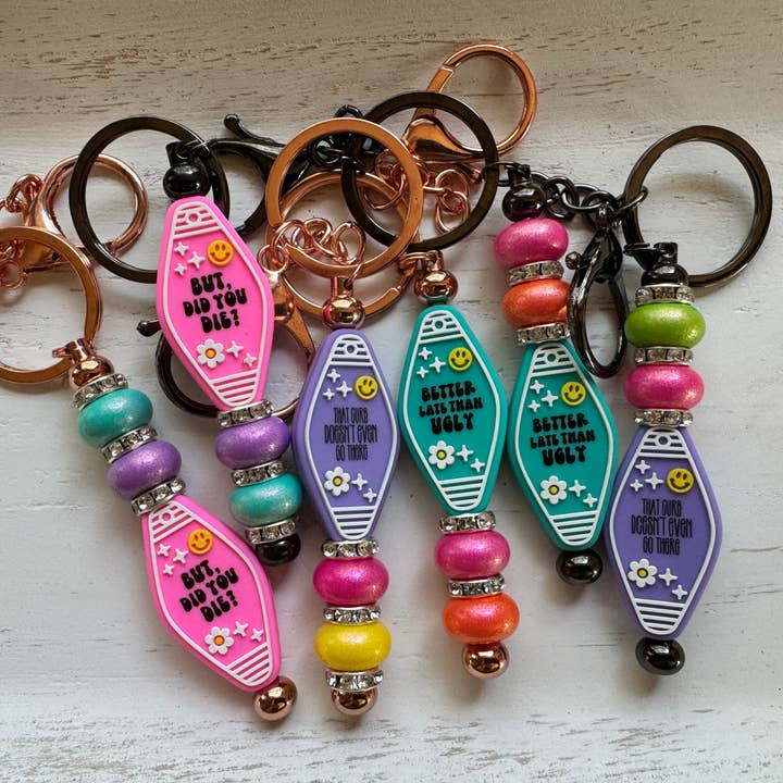 Snarky Motel Room Key Themed Beaded Keychain RTS for wholesale by Spark Sunshine Designs