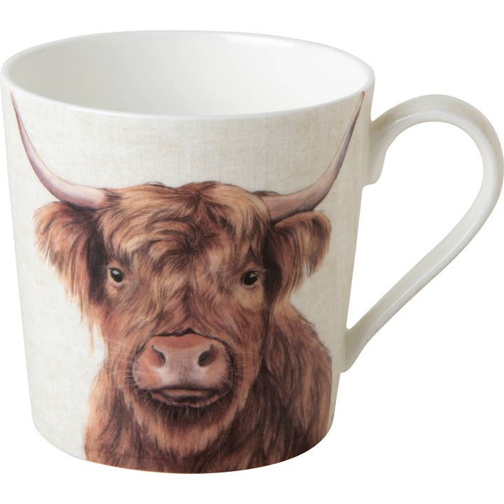 Mug en porcelaine fine : bovins des Highlands de la ferme — crème pour la vente par Carsim Trading Inc.