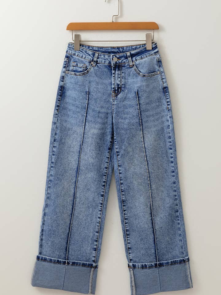 Myosotis Center Seam Manschettensaum Gerade High Waist Jeans für den Großhandel von Sweet Lover Fashion