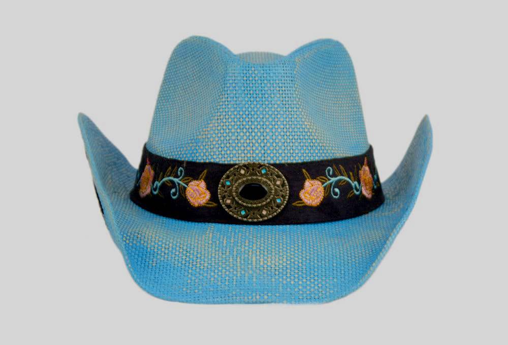 Epoch hats – Chapéu de cowboy - Mulher por atacado – Chapéu cowboy western vintage azul com faixa decorativa floral1
