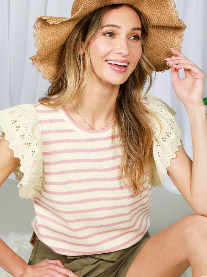 Lace Flutter Sleeve Striped Cotton Rib Knit Top VT82278 for wholesale by Vine & Love