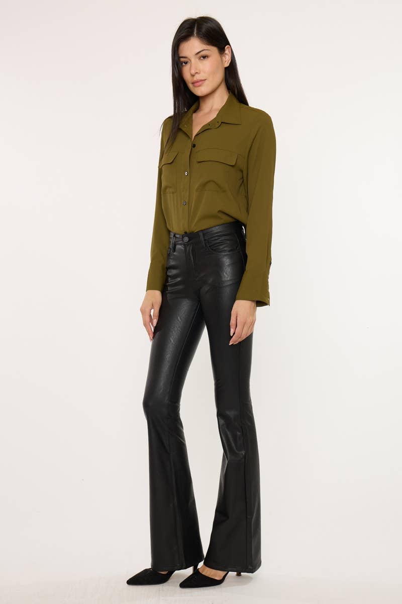 NOIR OUVRIR LE PAQUET PANTALON ÉVASÉ EN CUIR VÉGÉTALIEN TAILLE MI-HAUTE-KC6102PBK en vente sur Faire2