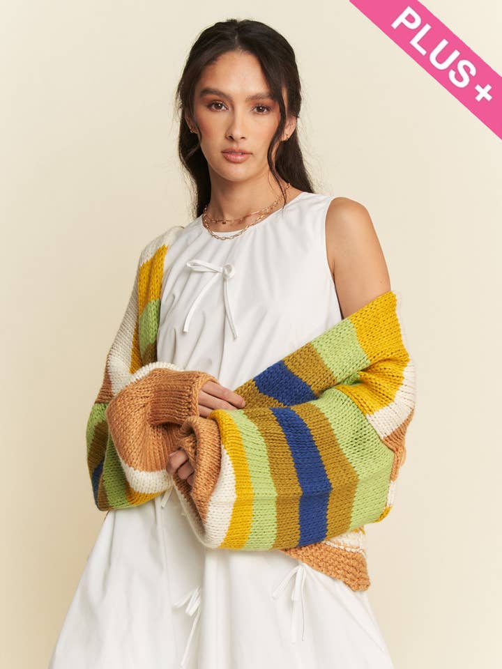 PLUS STRIPED BALLOON SLEEVE OPEN SWEATER CARDIGAN for wholesale by Davi & Dani