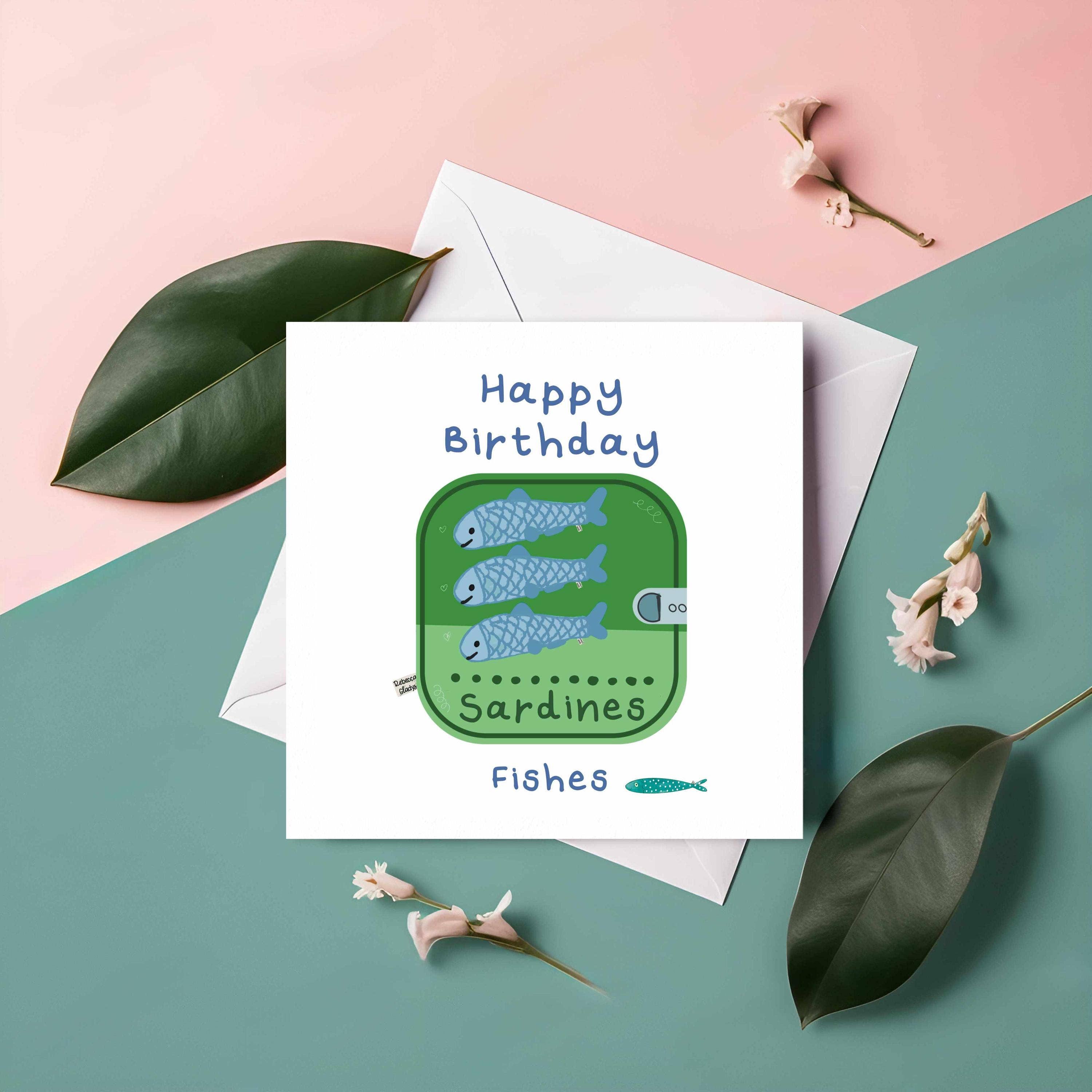 Rebecca Gladys – wholesale Birthday card – Happy Birthday Best Fishes Funny Sardine Pun Card Handmade