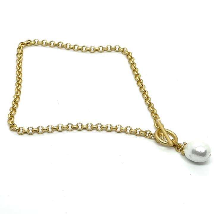 Matte Gold Rolo Chain Necklace with Cotton Pearl Pendant for wholesale by Deborah Grivas Designs