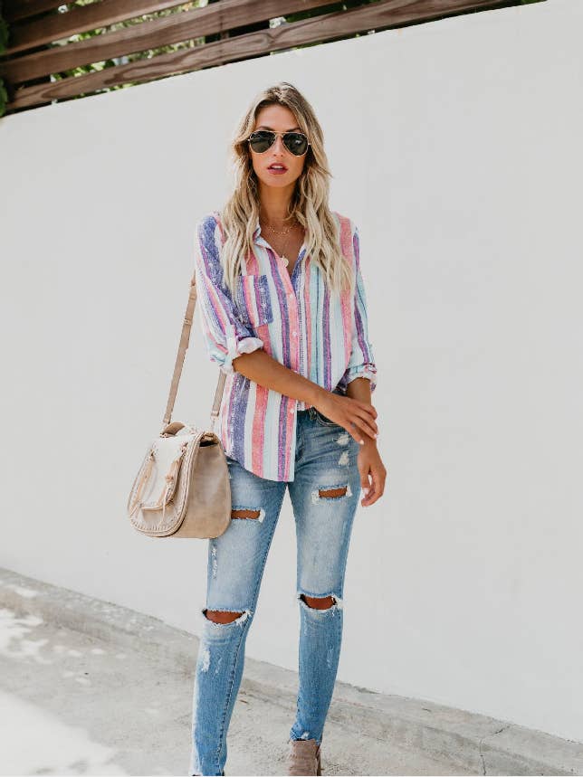 PURPLE FASHION CONTRAST COLOR STRIPED FASHION SHIRT for wholesale on Faire