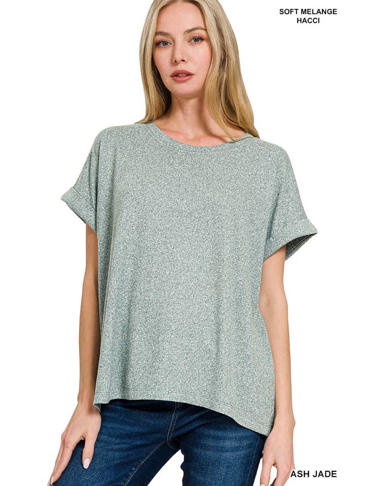 42POPS - Wholesale Knit Top - Women's - ", Soft Melange Folded Sleeve Round Neck Top