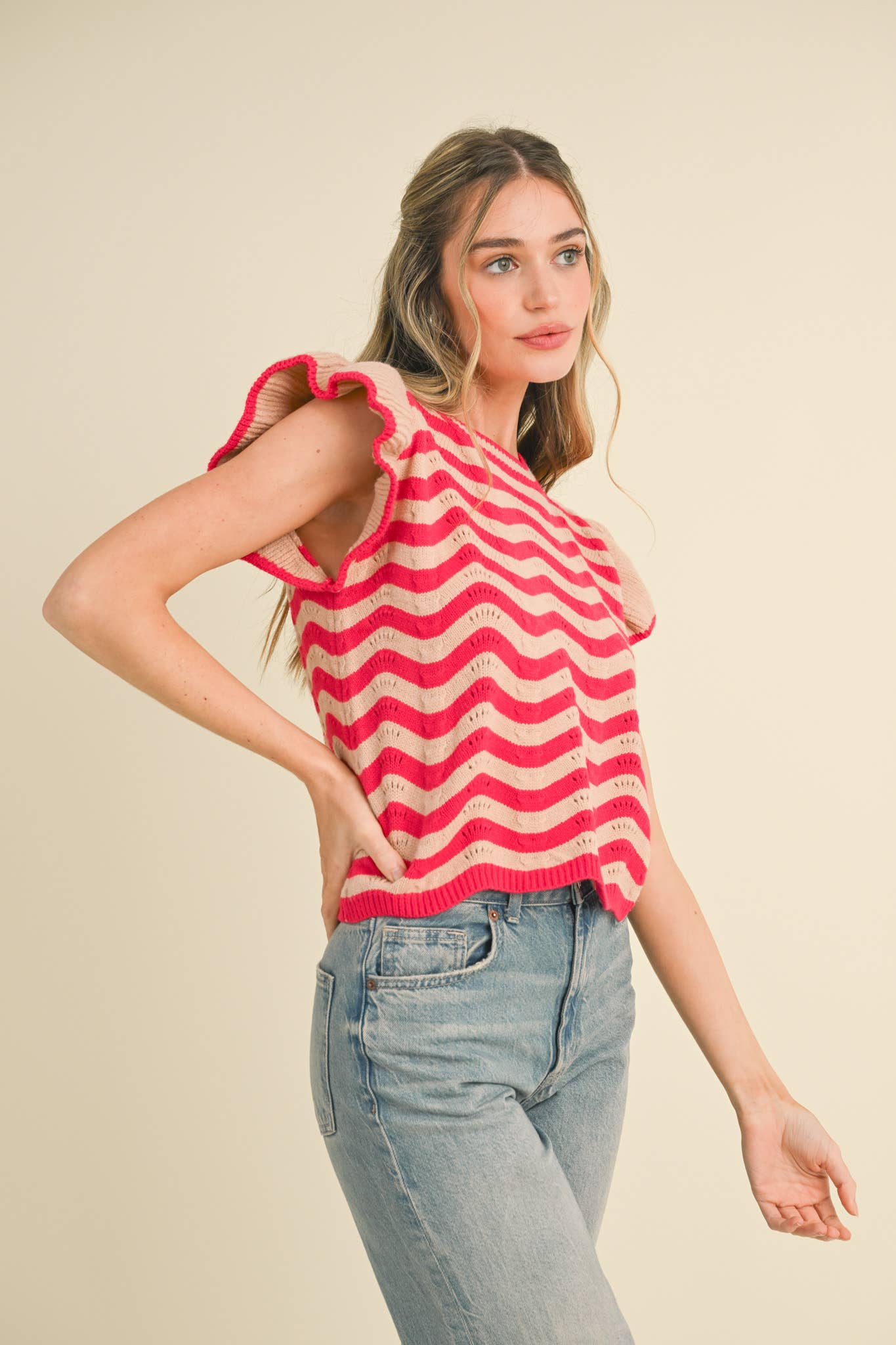 &MERCI - Wholesale Knit Sweater - Women's - WAVY STRIPES FLUTTER SLEEVE SWEATER TOP MSW1050919