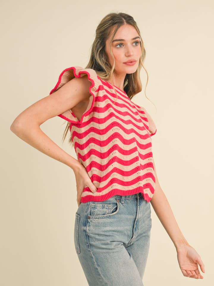 &MERCI - Wholesale Knit Sweater - Women's - WAVY STRIPES FLUTTER SLEEVE SWEATER TOP MSW1050919