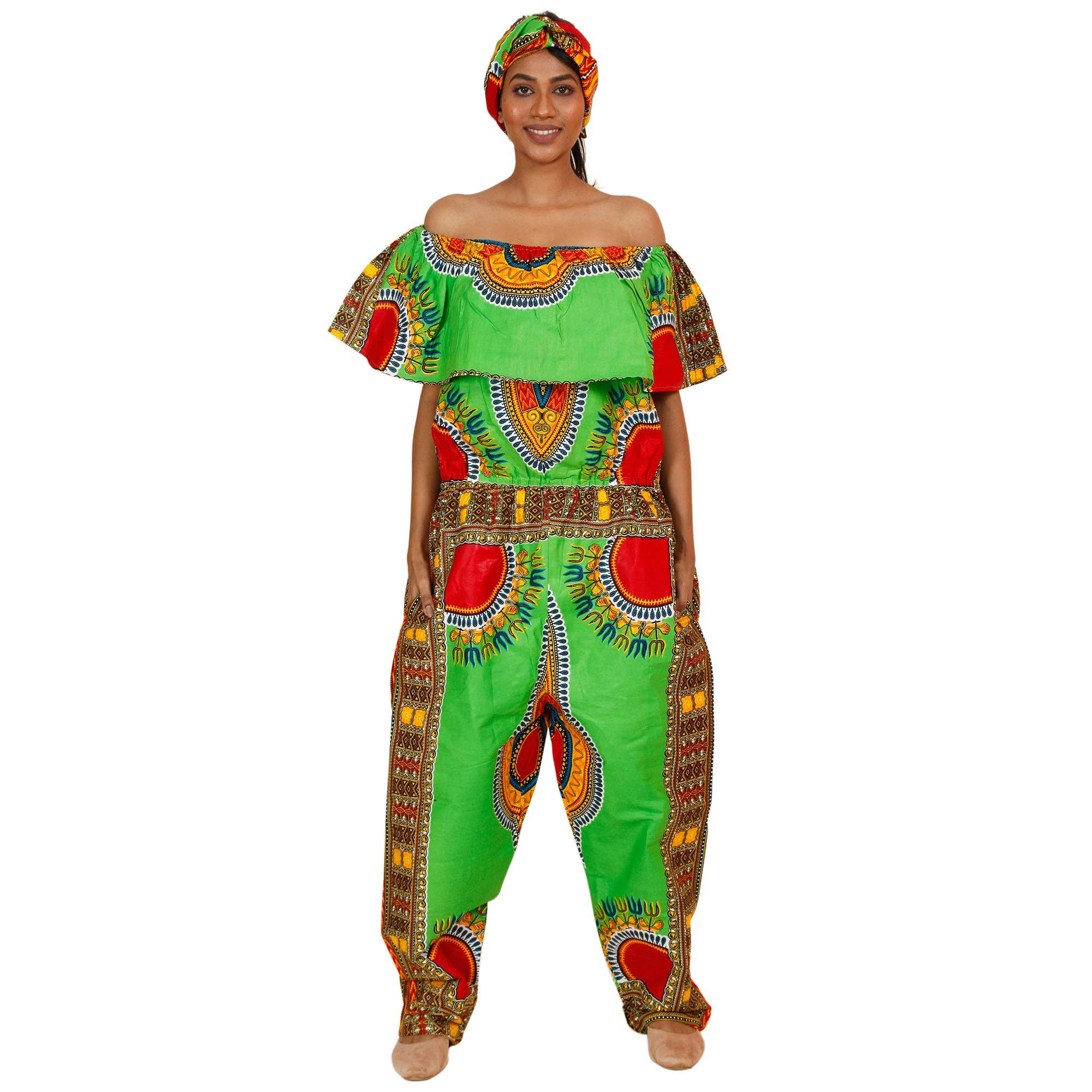 African Stars - Wholesale Jumpsuit - Women's - Women's Dashiki Off Shoulder Frill Jumpsuit -- FI-3061D4