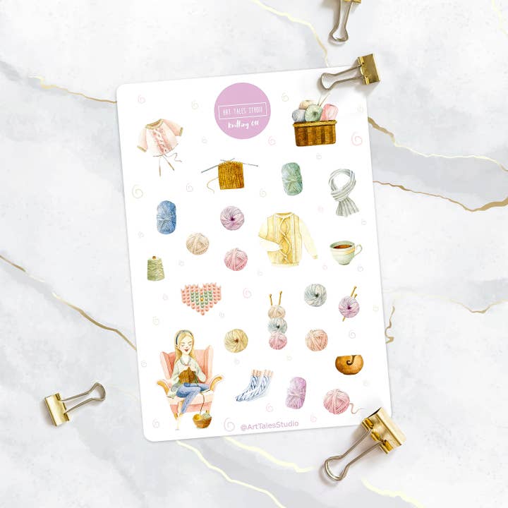 Knitting Sticker Sheet, Winter Stickers, Cozy Stickers, Knitting Stickers, Yarn, Bujo Stickers, Planner Stickers, Bullet Journal Stickers for wholesale by Art Tales Studio