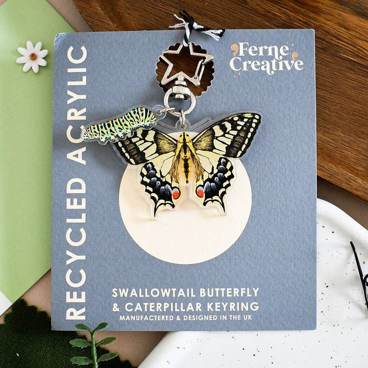 Ferne Creative - Wholesale Keychain - Unisex - Swallowtail Butterfly and Caterpillar Recycled Plastic Keyring0