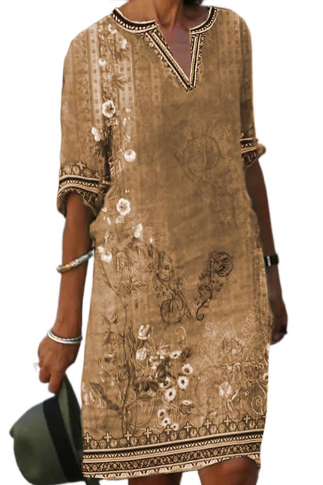 UNISHE - Vente Robe – femme - Robe t-shirt à col en V avec imprimé floral ethnique ZZKF8023