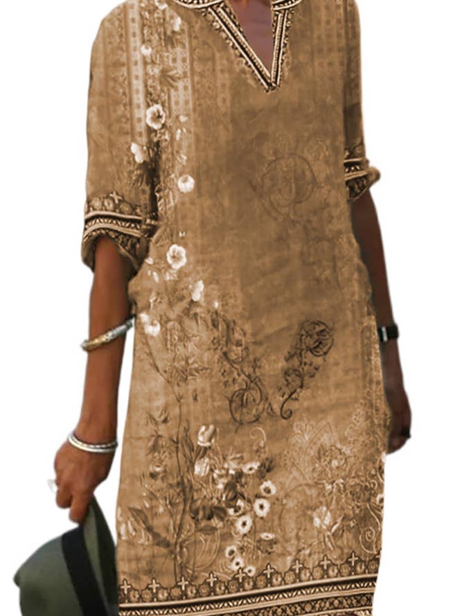 UNISHE - Vente Robe – femme - Robe t-shirt à col en V avec imprimé floral ethnique ZZKF8023