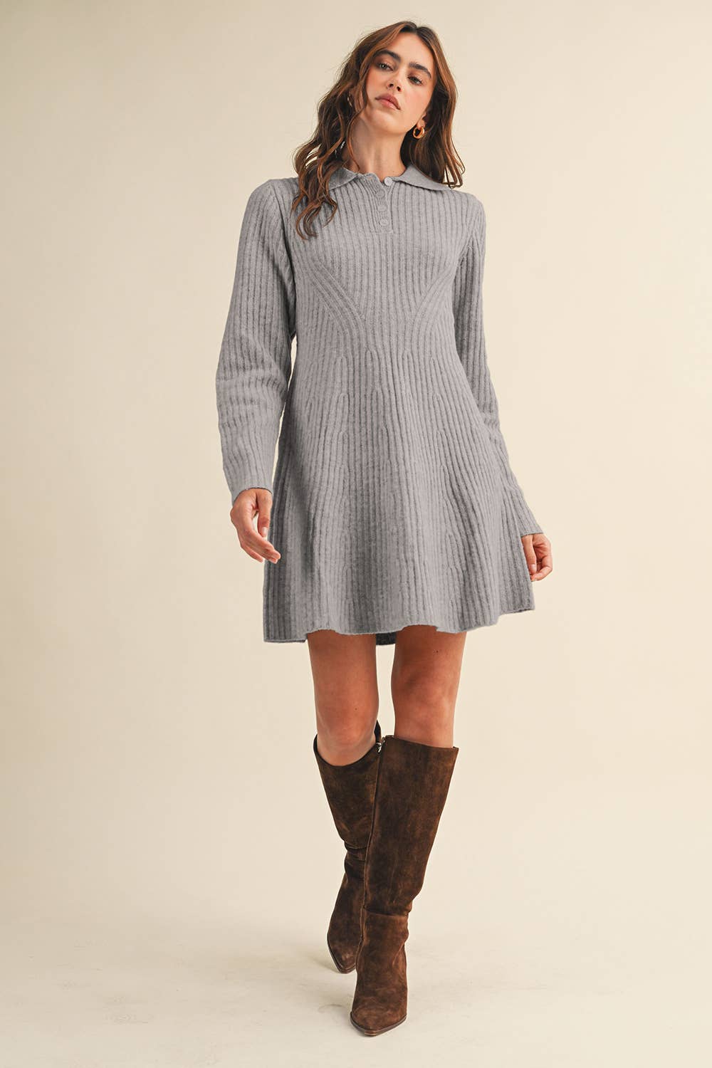 &MERCI - Wholesale Dress - Women's - RIBBED SWEATER FLARED MINI DRESS MSW1096834