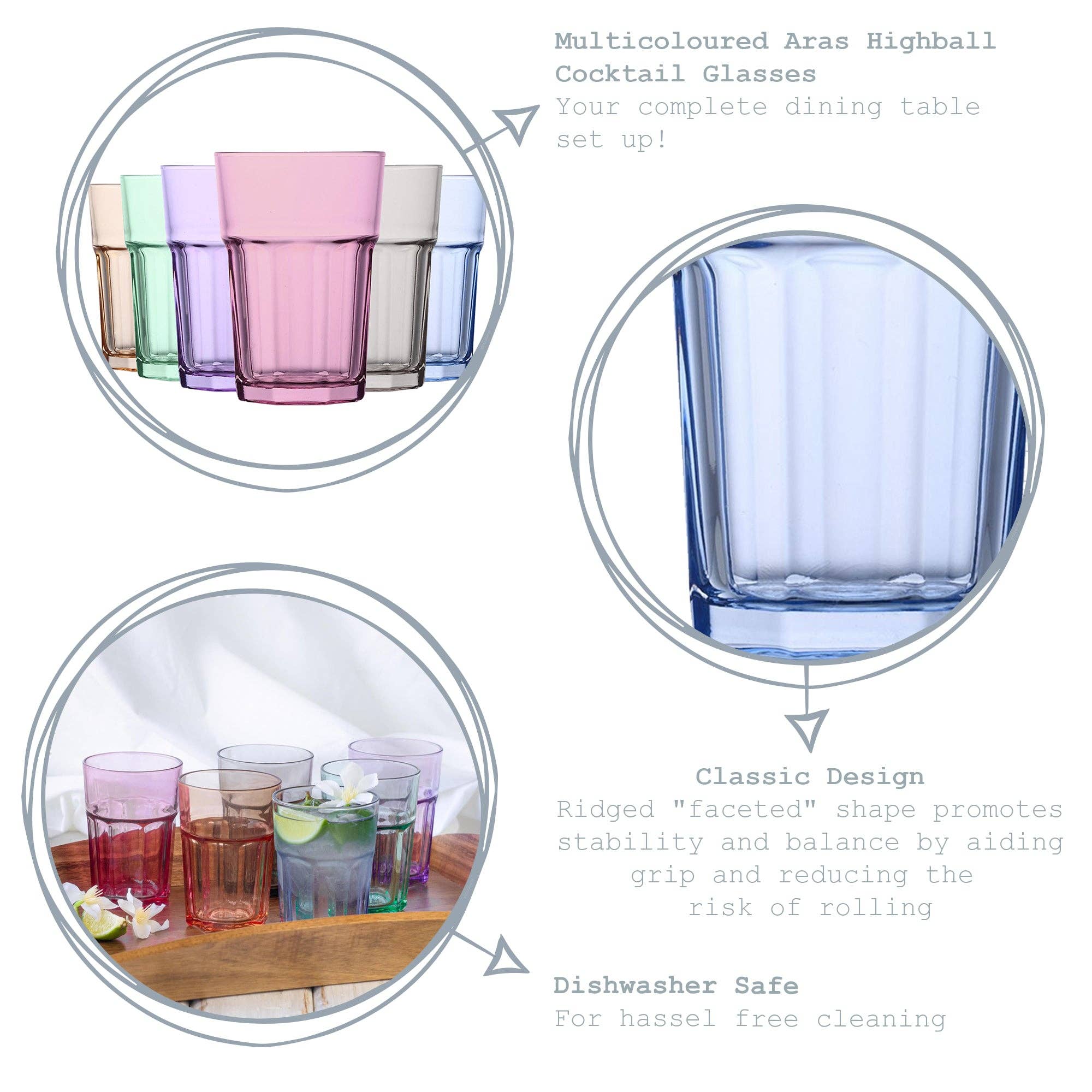 Rinkit Pty Ltd - Wholesale Cocktail/liquor glass - LAV 6 Piece Aras Pastel Highball Glasses Set - 365ml1
