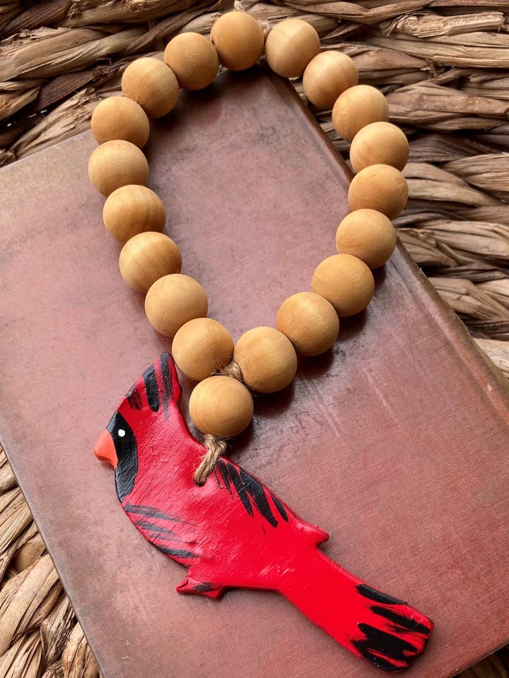 Natural 17 (20mm) Wood Beads With Red Cardinal for wholesale by RKM Designs
