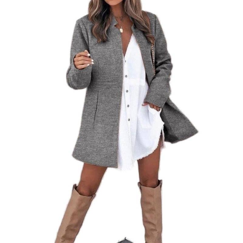 FurDecoration – wholesale Coat – Women’s – Solid Color Mid-Length Half Open Collar Tweed Coat4