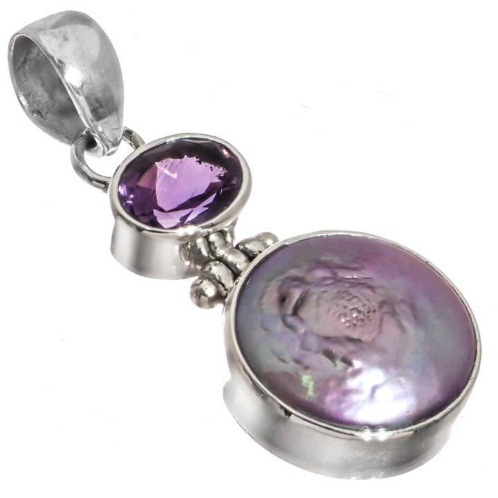 FifiRose - Vendita all'ingrosso Collana con ciondolo/pendaglio - Ciondolo in argento 925 con ametista lavanda e perla d'acqua dolce biwa, 3,8 cm.