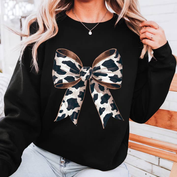 COW PRINT BOW CREWNECK TEE/SWEATSHIRT for wholesale by It's So Me