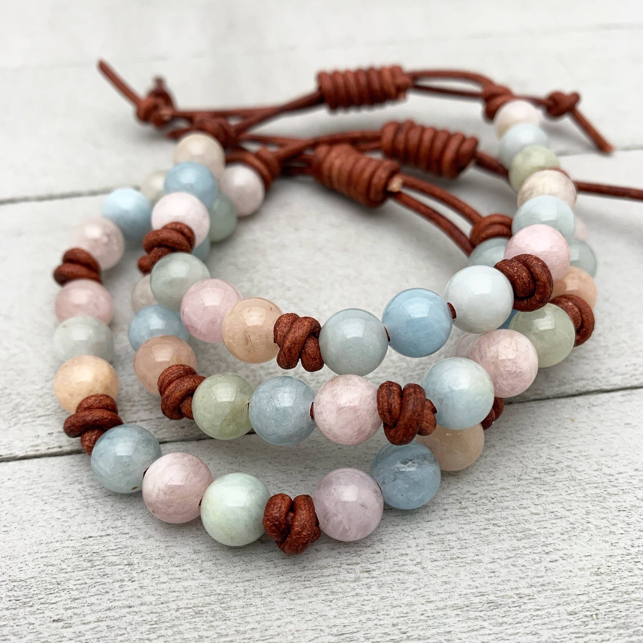 Sunlight Silver Jewelry – wholesale Pärlarmband – Beryl ädelsten läderarmband. Morganit, akvamarin, smaragd, heliodor0